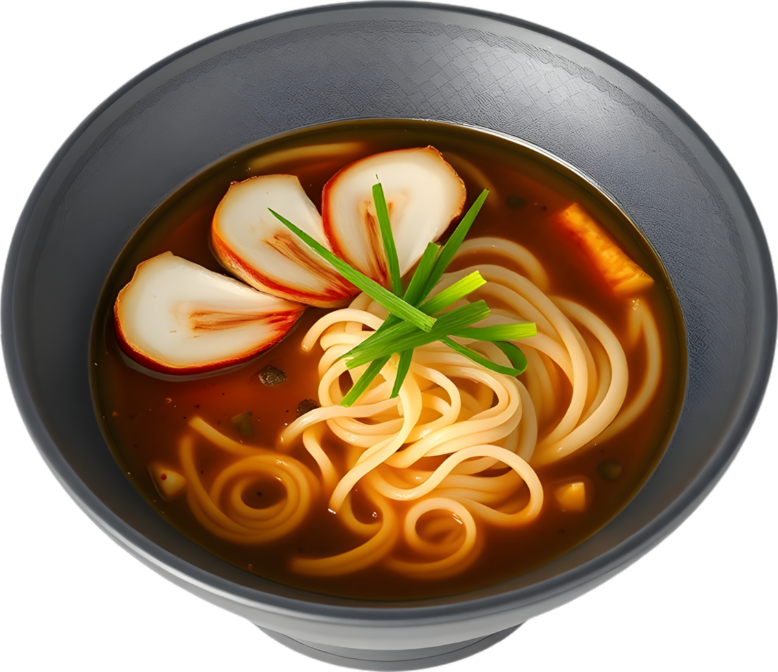 Authentic rich ramen noodles in bowl for meal design. . png