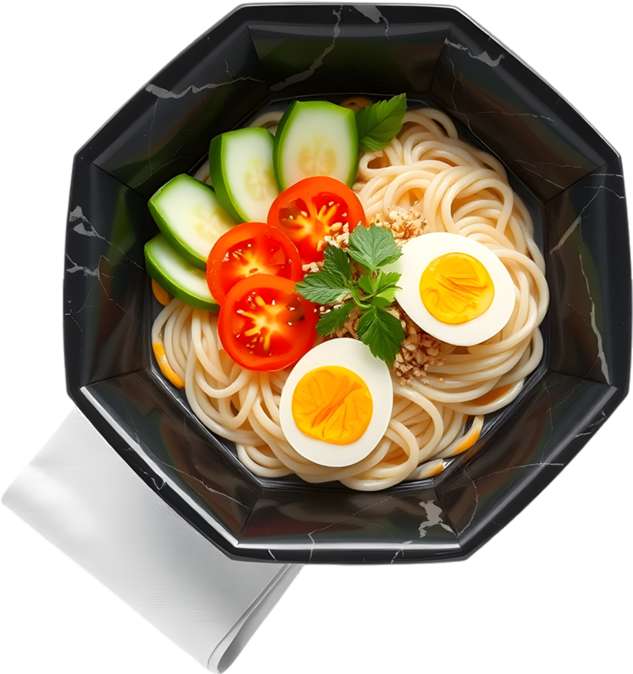 Warm Japanese noodle soup with meat egg and garnish. . png