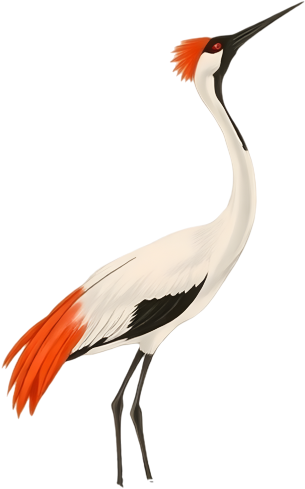 Feathered red crowned crane shown in meditative brush artwork. . png