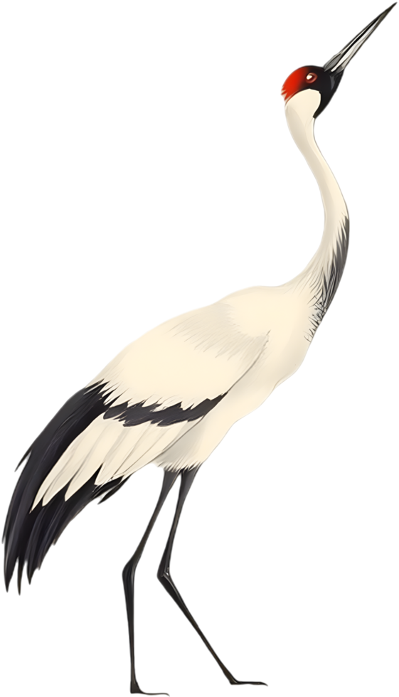 Delicate sumi brushwork depicts bird in poised serene posture. . png