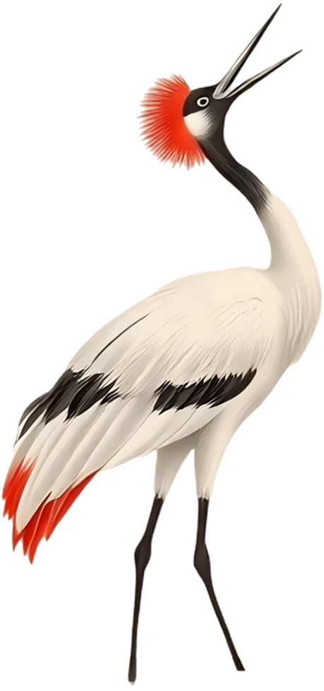 Majestic red crowned bird in minimal Japanese sumi art pose. . png
