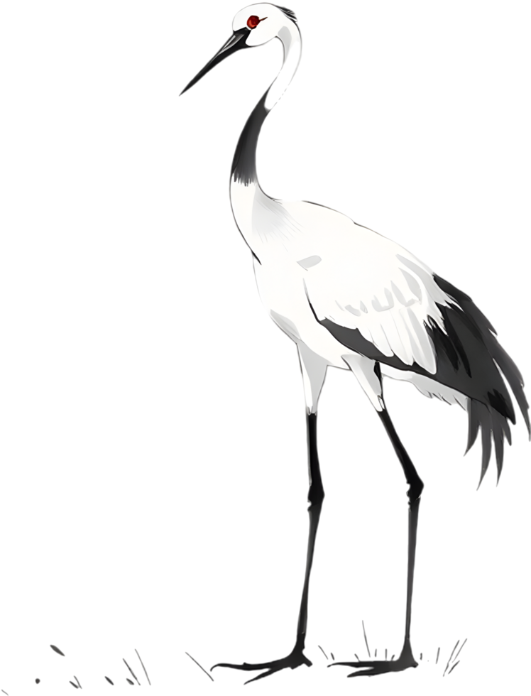 Serene white crane painted using flowing sumi-e brushwork. . png