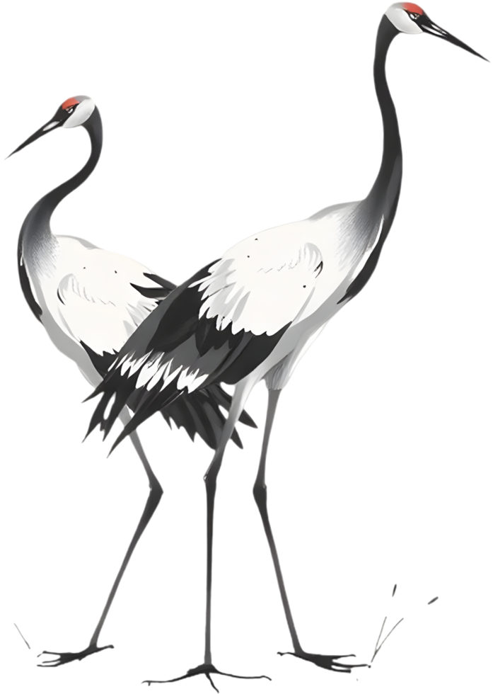 Soft brushstroke ink painting showing a graceful flying crane. . png
