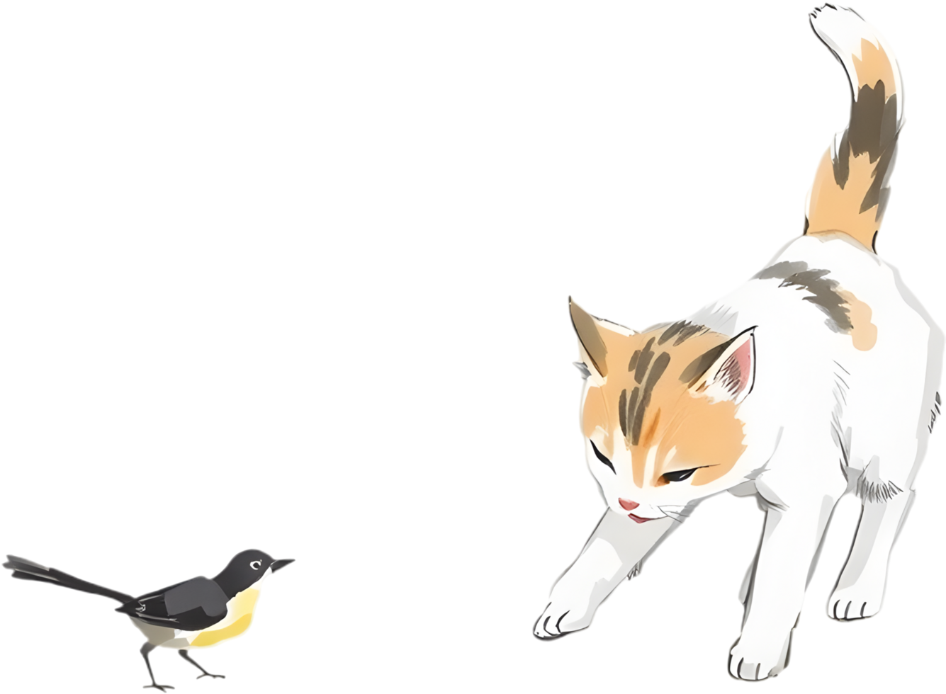 Gentle nature depicted in cat and bird ink artwork. . png
