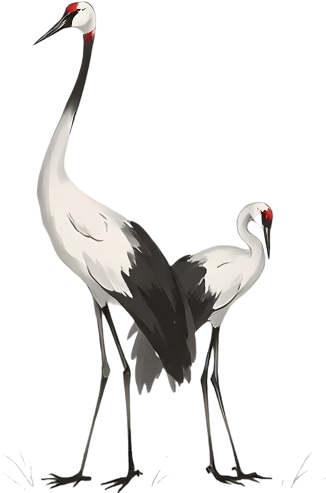 Minimal ink art of a graceful crane in flight. . png