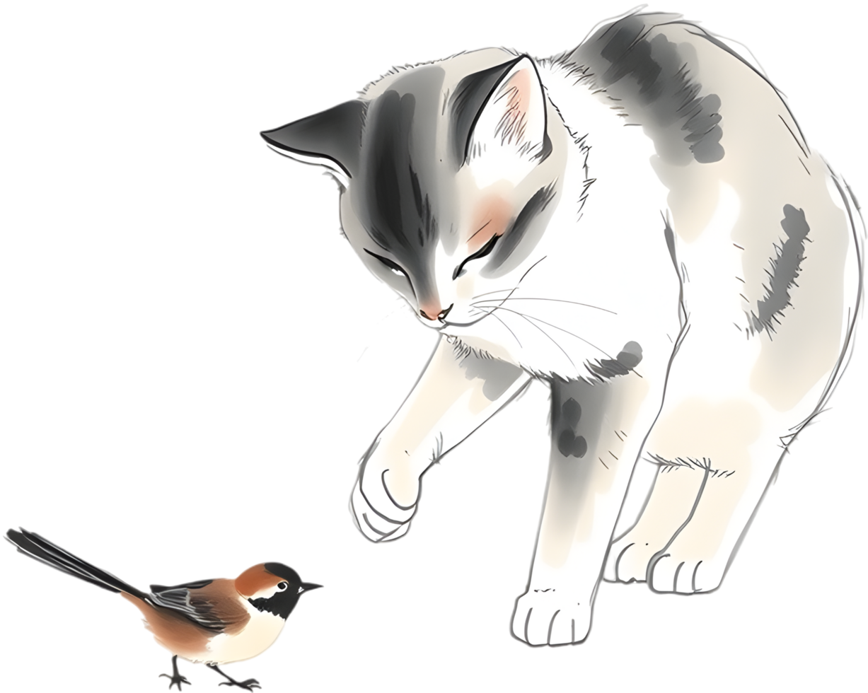 Elegant animal painting in ink featuring bird and cat. . png