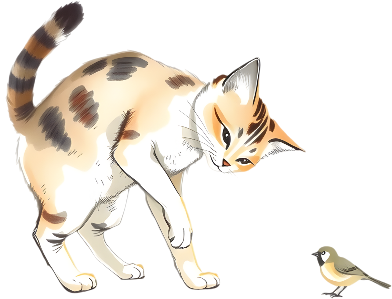 Ink painting of feline and bird with natural interaction. . png