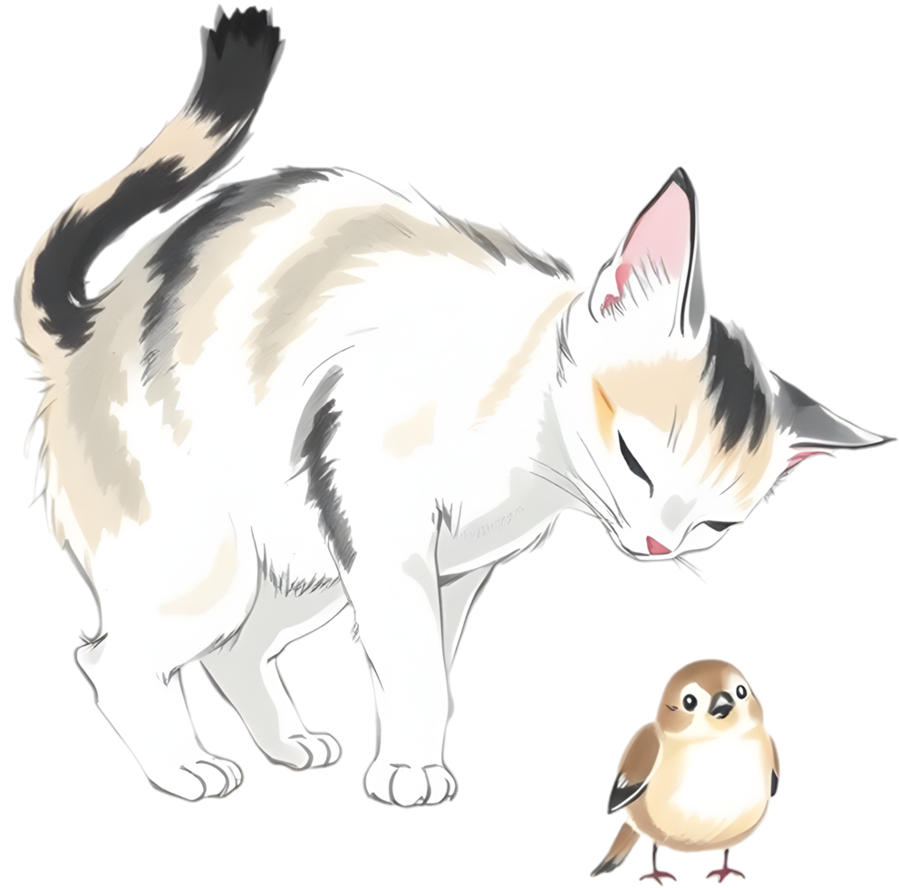 Minimal animal art featuring gentle bird and curious cat. . png