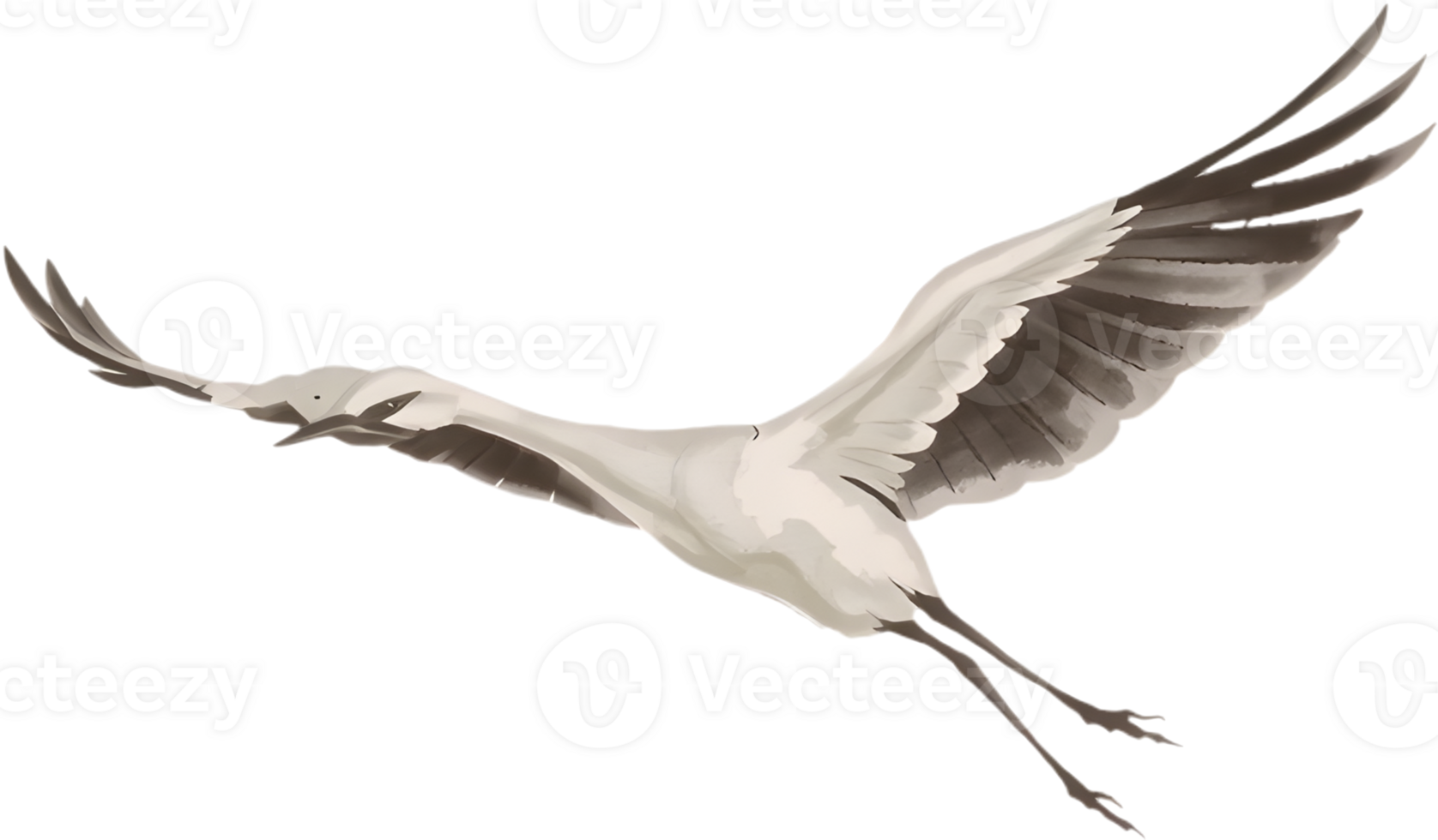 Peaceful ink style crane flying in gentle soft composition. . png