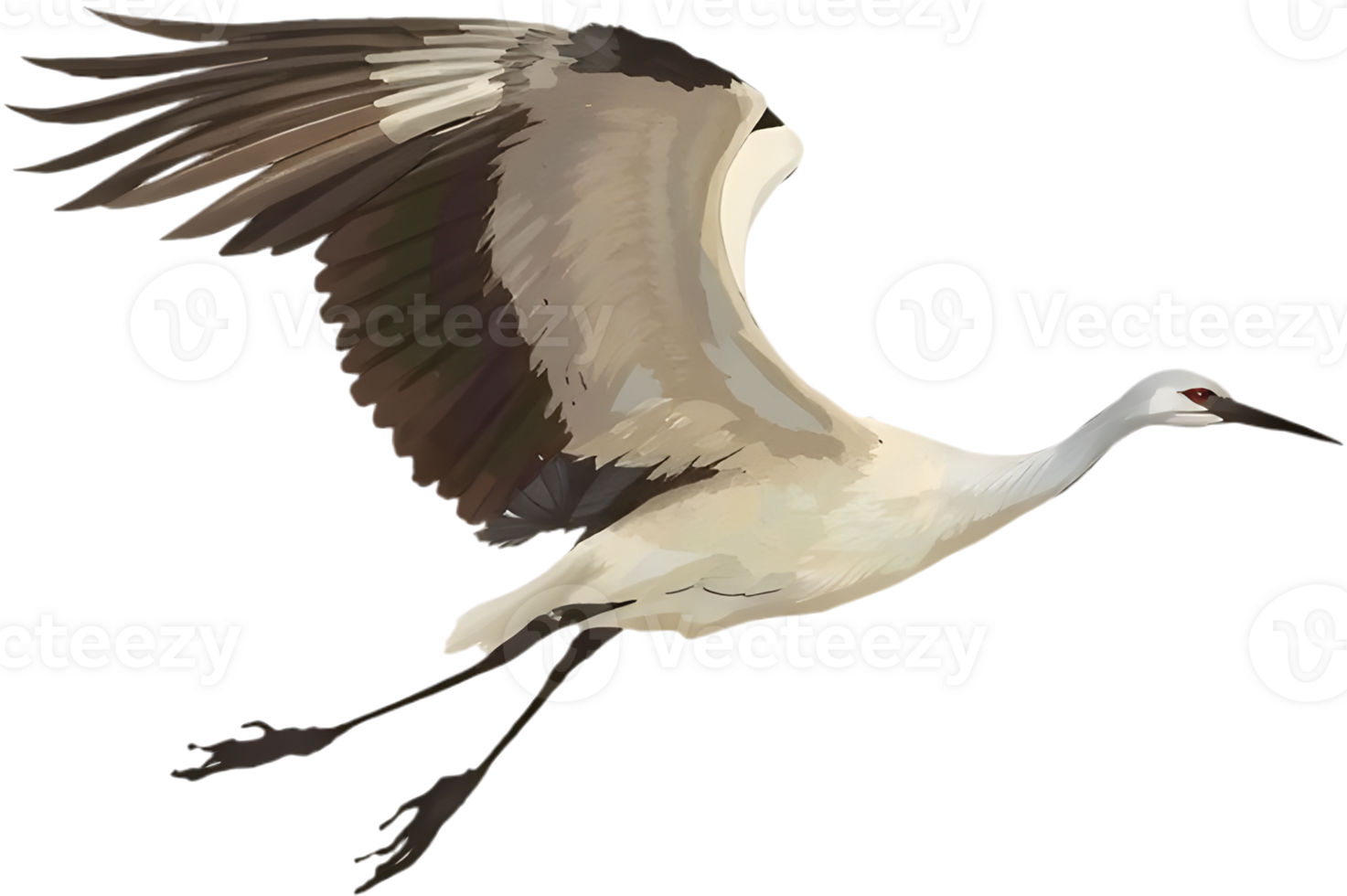 Ink painting of elegant crane flight in peaceful background. . png