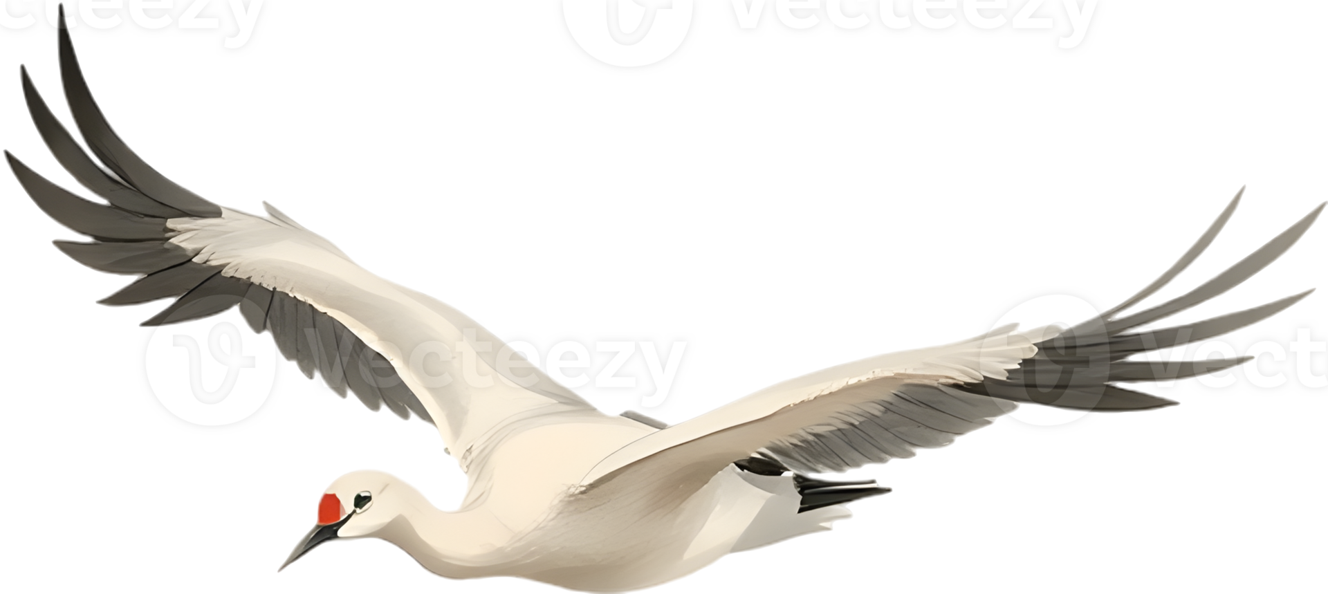 Ink art crane flying through calm sky with light feathers. . png