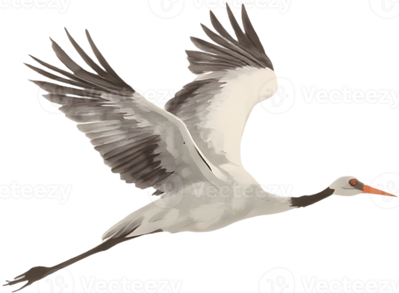 Artistic flight depiction of calm crane using ink brush. . png