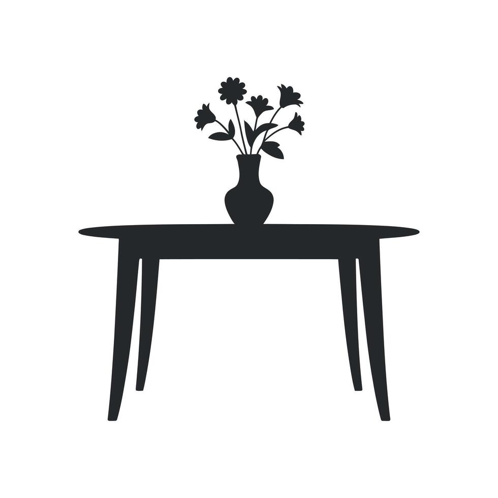 Simple Silhouette of Oval Table with Flower Vase and Bouquet vector