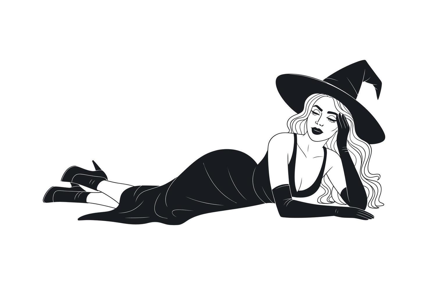 Elegant Witch in Black Dress Lying Down Wearing a Wide Brimmed Hat and Long Gloves vector
