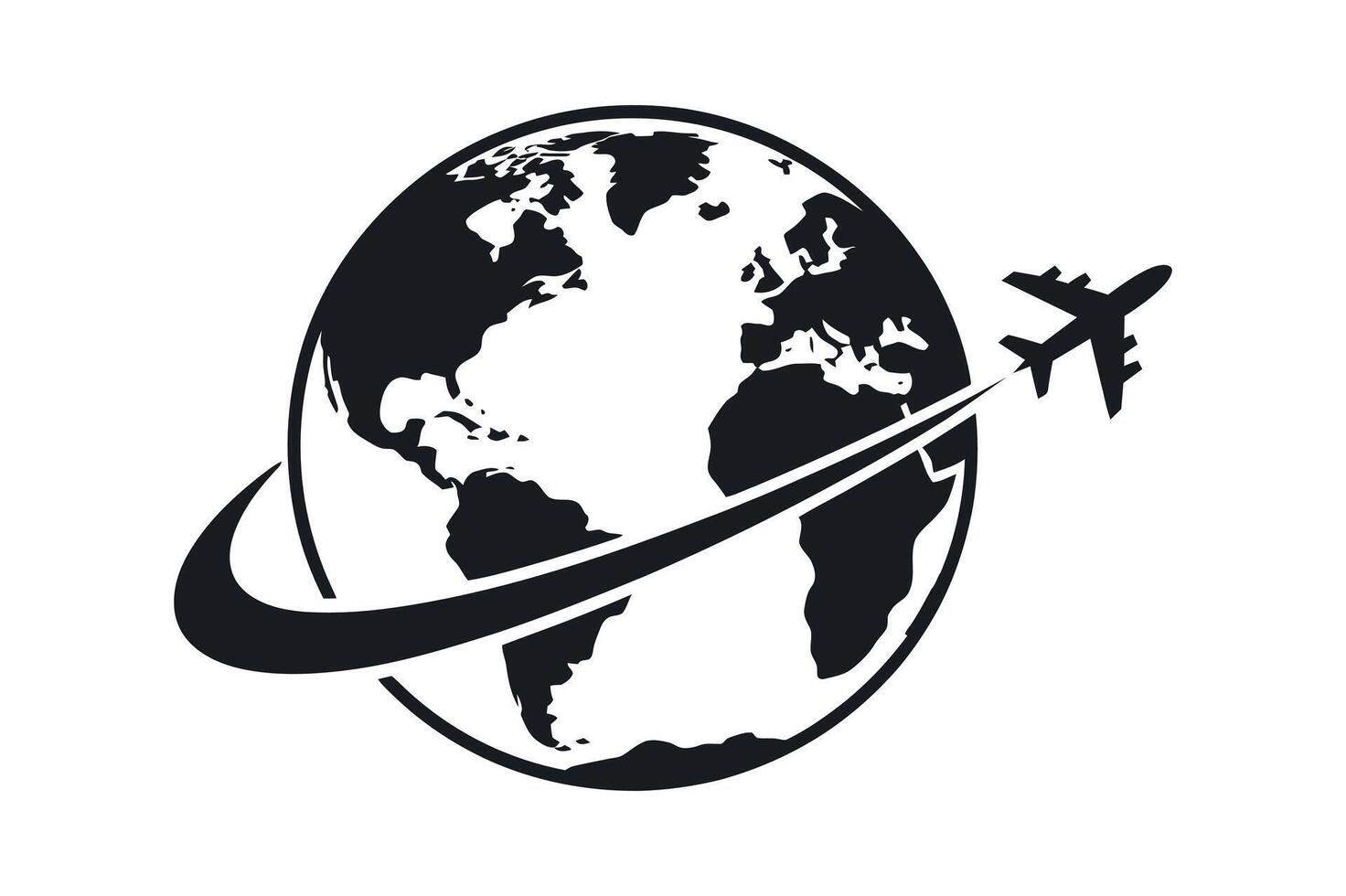 Airplane Flying Around the World Globe Icon Black and White Graphic Design vector