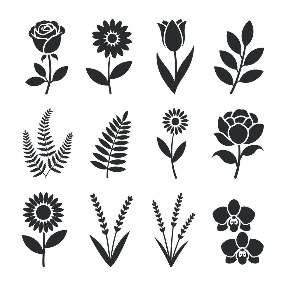 Twelve Simple Black Floral Icons Set Isolated on White Background vector