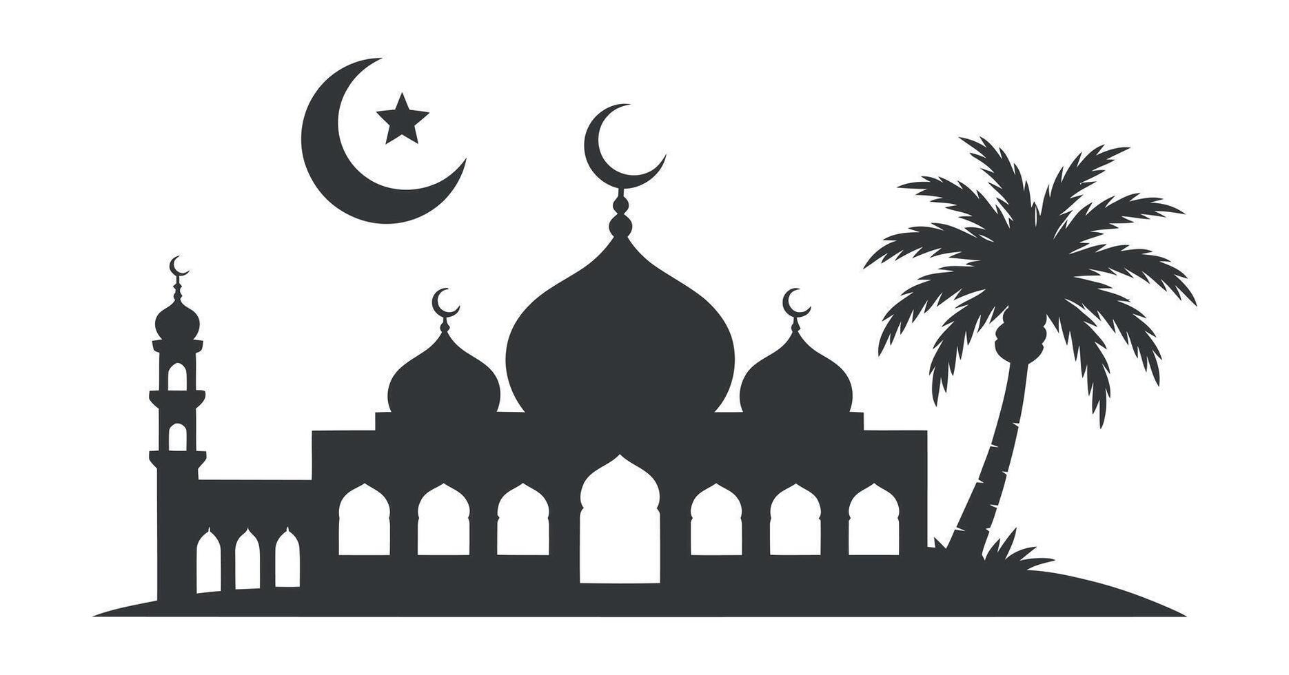 Silhouette of a Mosque with Palm Tree and Crescent Moon Star Islamic Religious Symbol vector