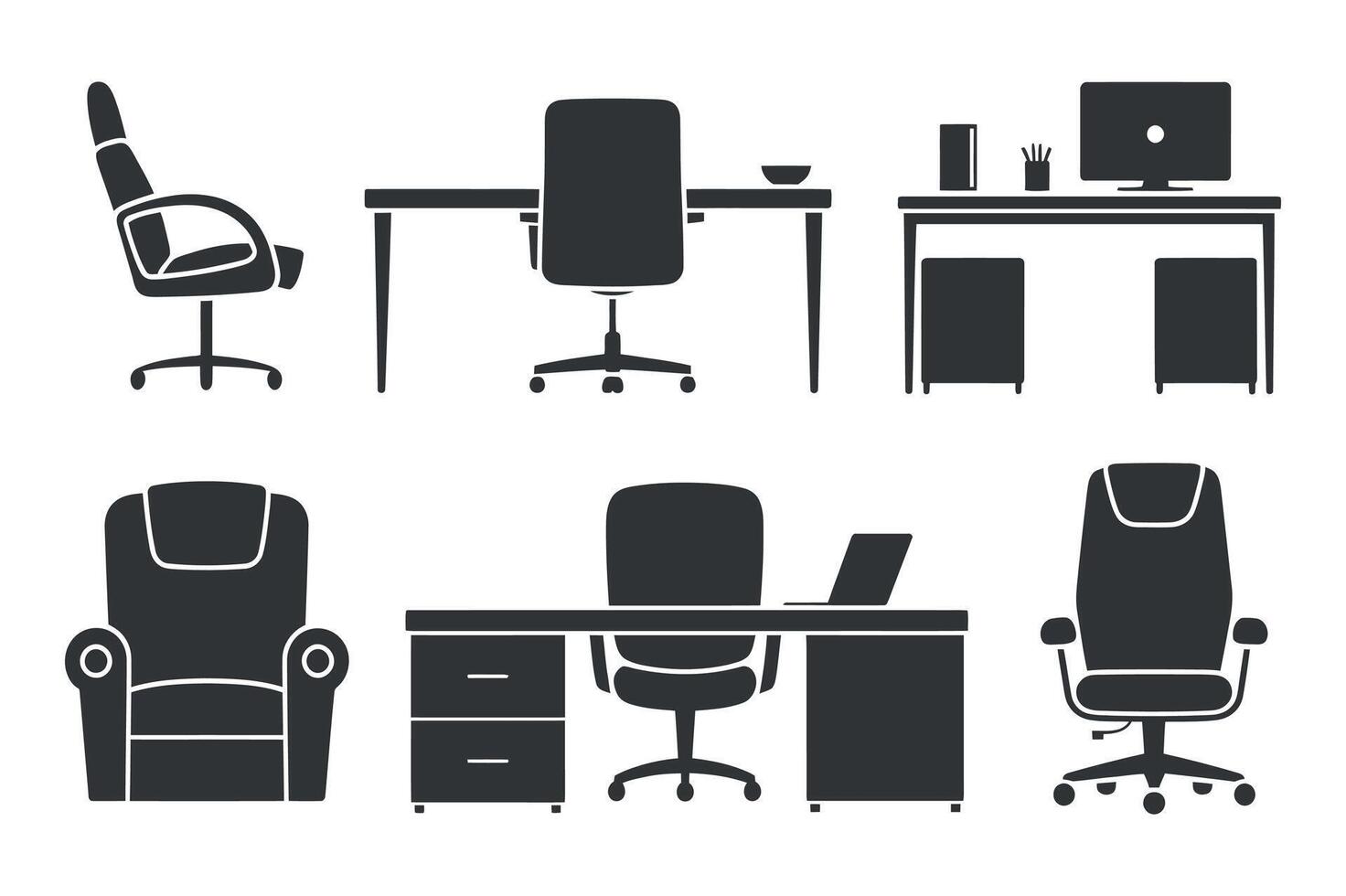 Collection of Modern Office Furniture Icons Including Desks and Chairs vector