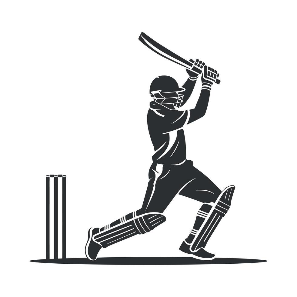 Dynamic Cricket Player Silhouette Striking a Powerful Shot Near Wickets vector