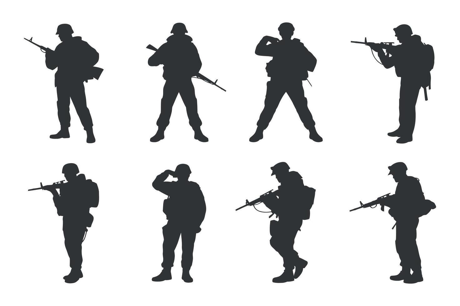 Collection of Eight Military Soldier Silhouettes in Various Poses with Rifles and Backpacks vector