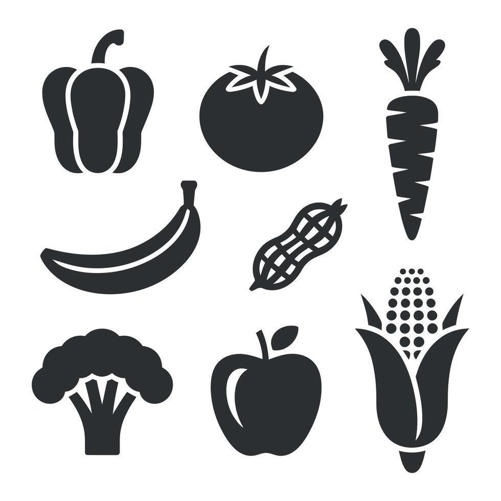 Collection of Simple Black and White Vegetable and Fruit Icons vector