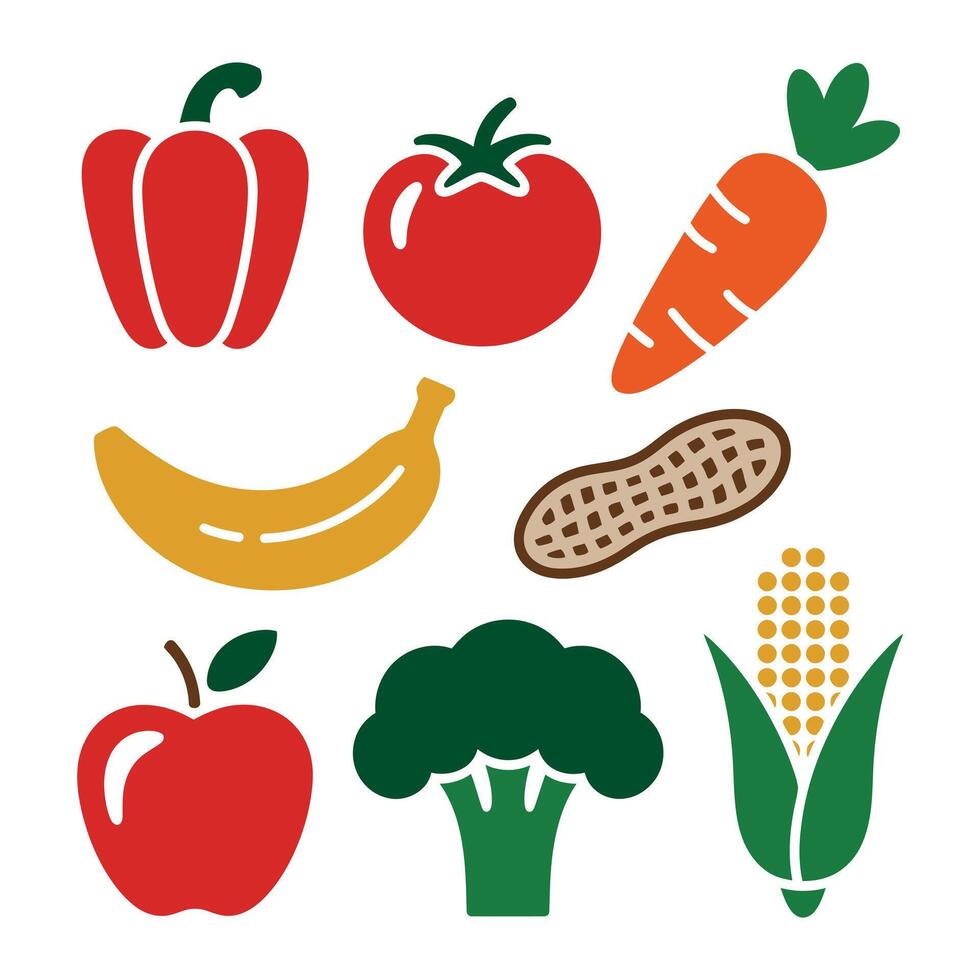 Collection of Simple Flat Vegetable and Fruit Icons for Healthy Eating Concepts vector