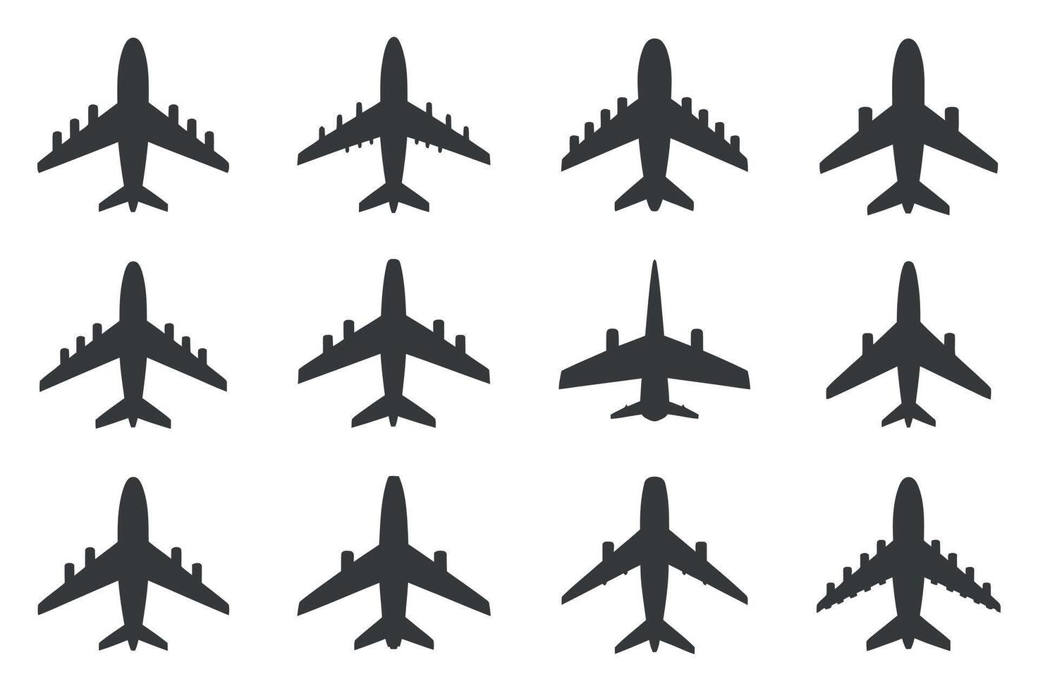 Twelve Airplane Icons Set Top View Different Designs Airplanes Silhouette Illustration vector