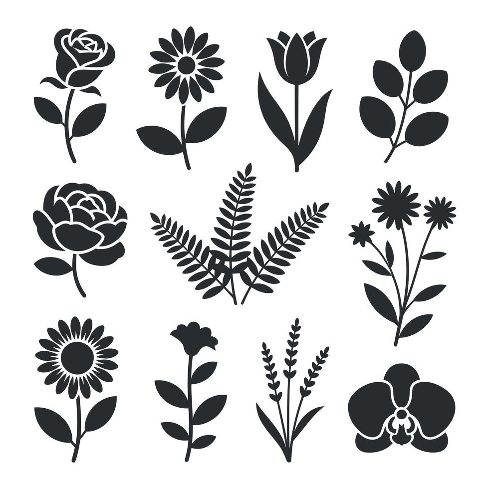 Collection of Twelve Simple Black Flower and Plant Icons on White Background vector