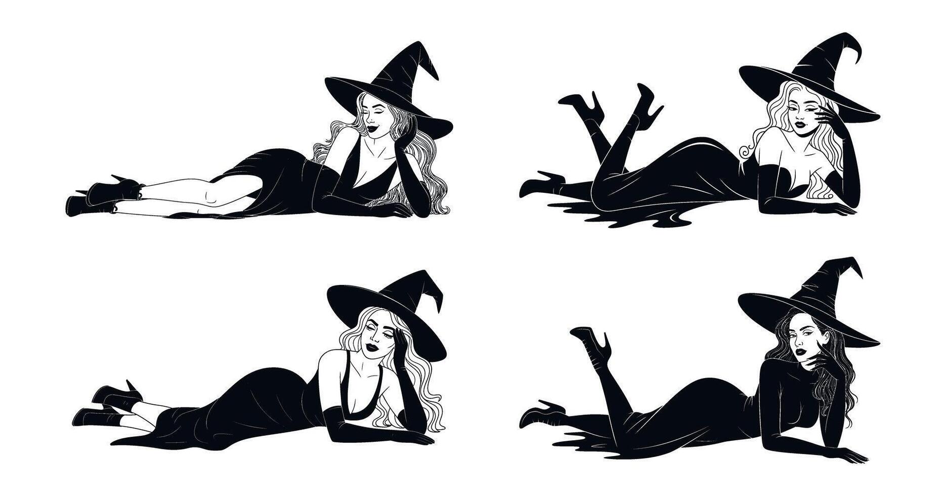 Four Elegant Witches in Black Dresses Lying Down Halloween Illustration vector