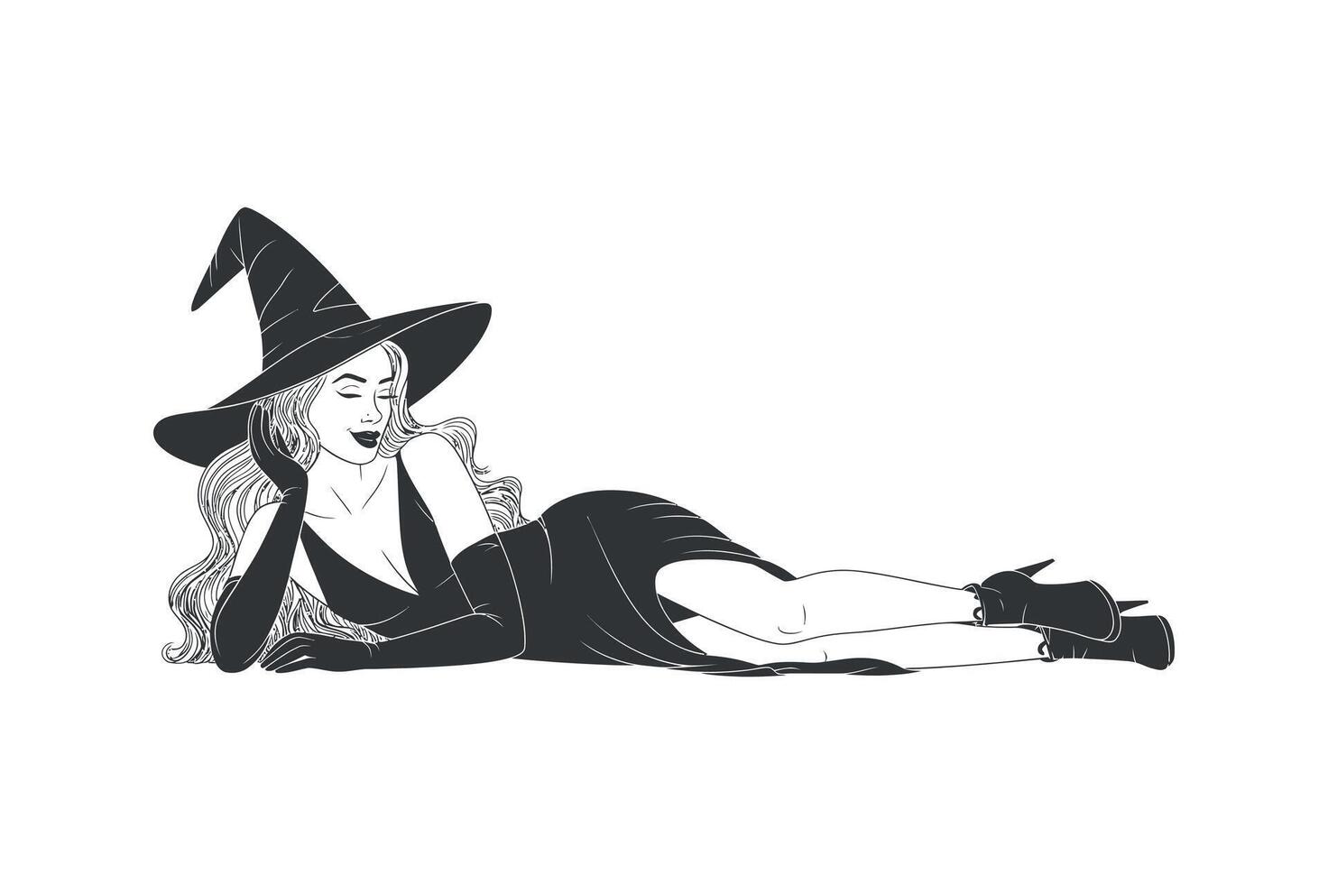 Elegant Witch in Black Dress Lying Down Wearing a Pointed Hat and Long Gloves vector