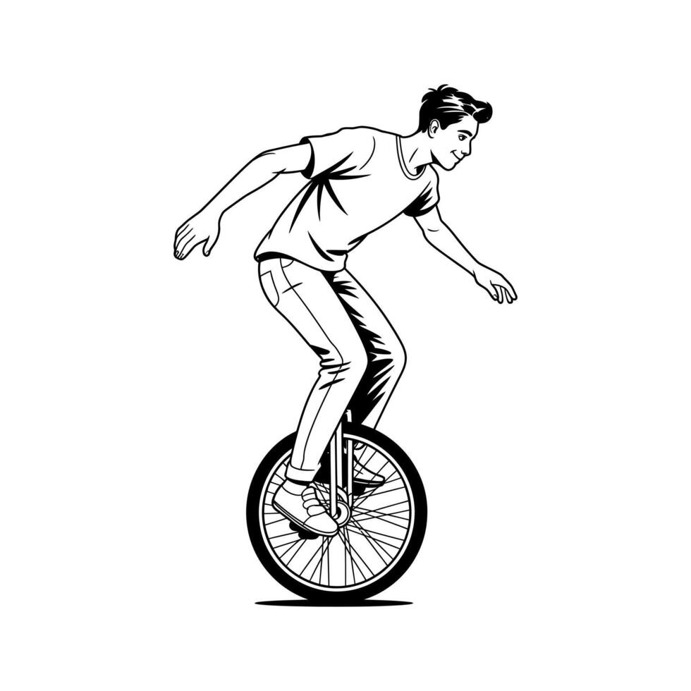 Stylish Young Man Riding a Unicycle Black and White Illustration vector