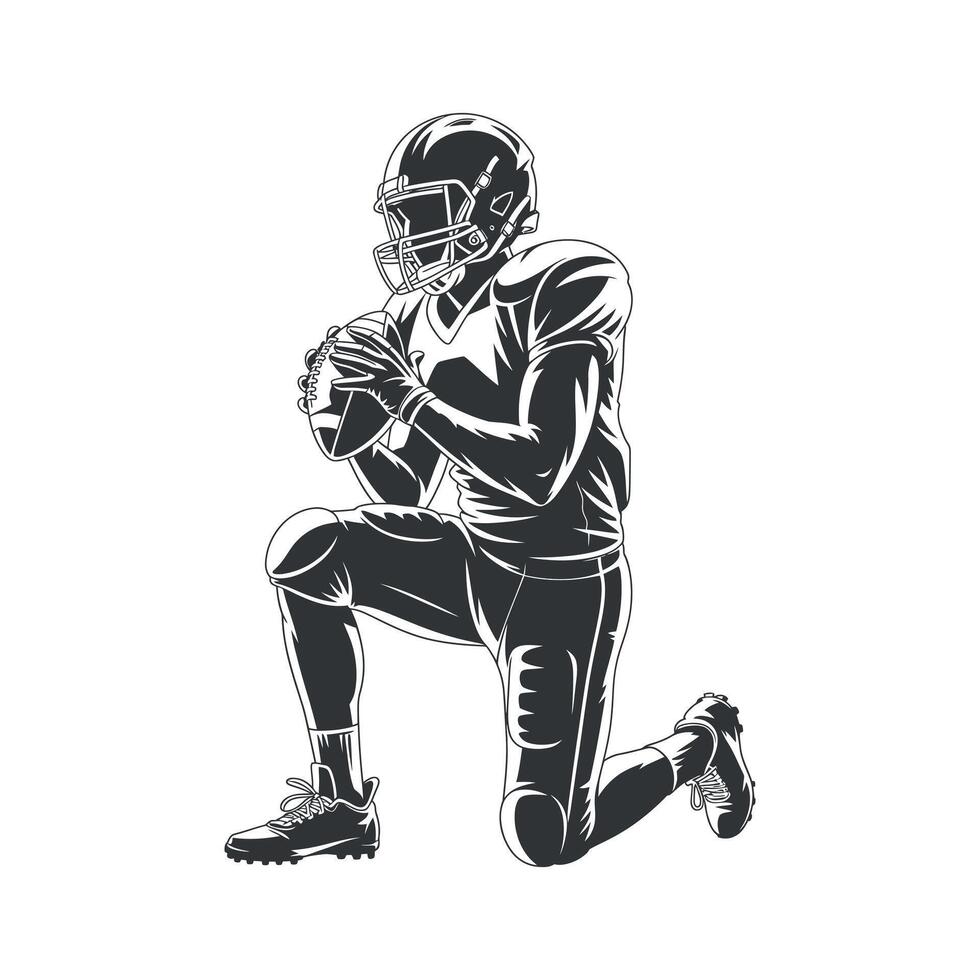 American Football Player Kneeling with Ball in Monochrome Illustration vector