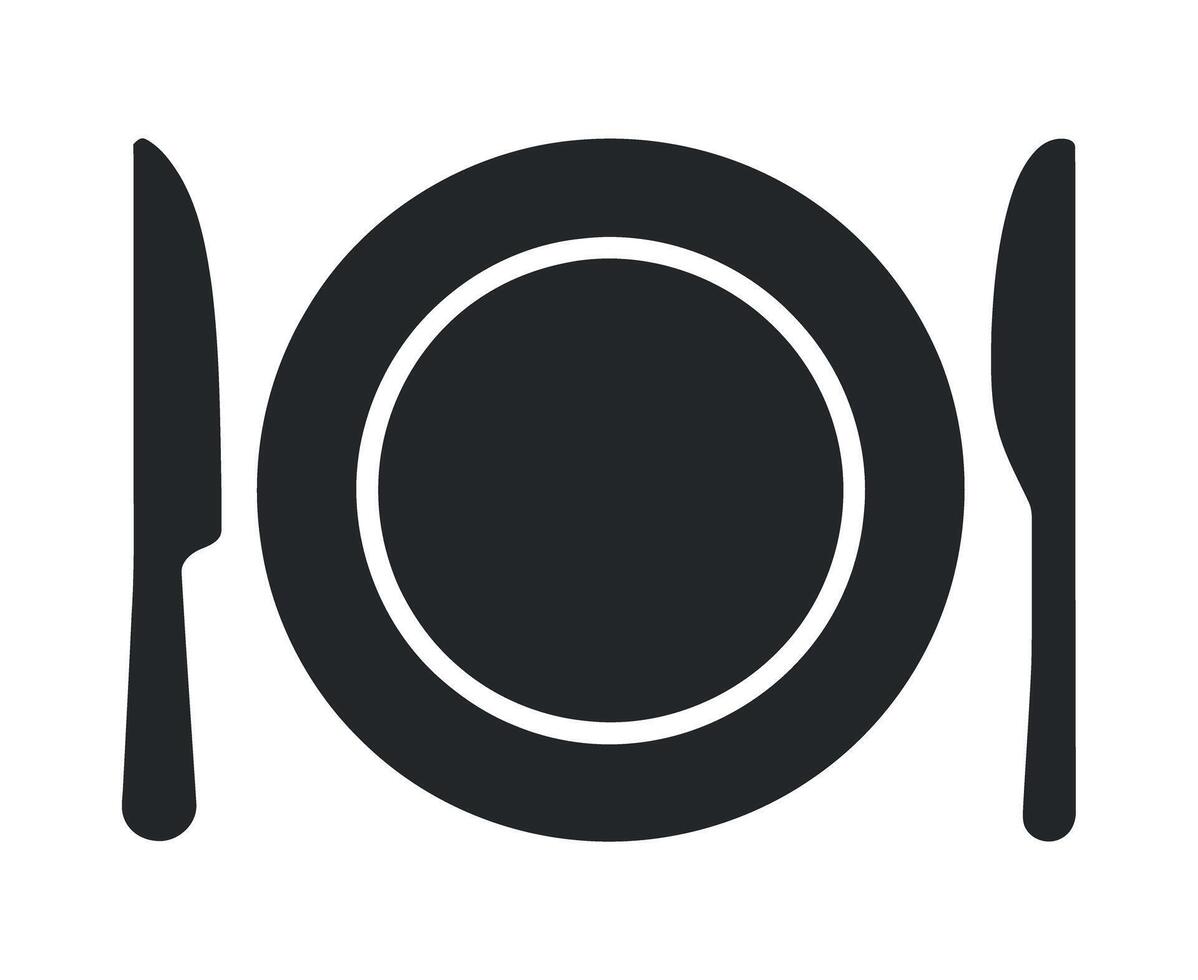 Simple Black and White Icon of a Plate with Knife and Fork for Restaurant Menu or Website Design vector
