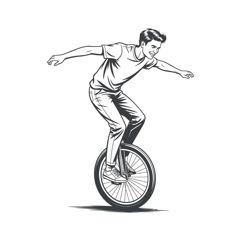 Happy Man Riding Unicycle Illustration Vintage Style Black and White Graphic Design vector