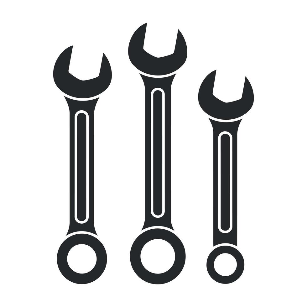 Three Black Wrenches of Varying Sizes Isolated on White Background vector
