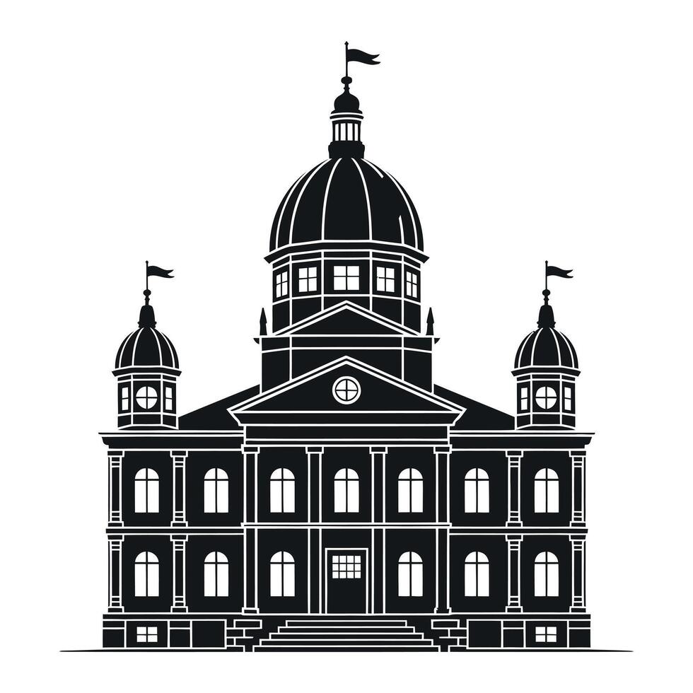 Black and White Silhouette of a Grand Classical Building with a Dome and Flags vector