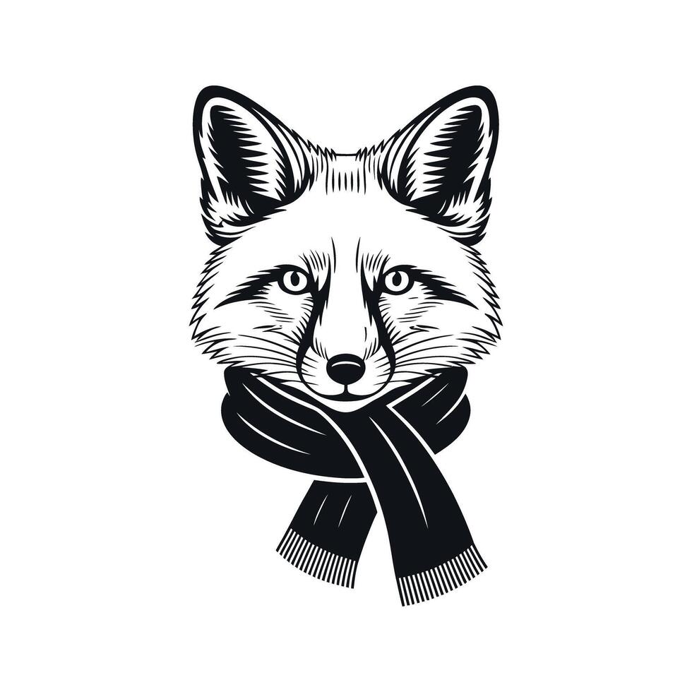 Stylish Black and White Fox Portrait Wearing a Scarf Winter Animal Illustration vector
