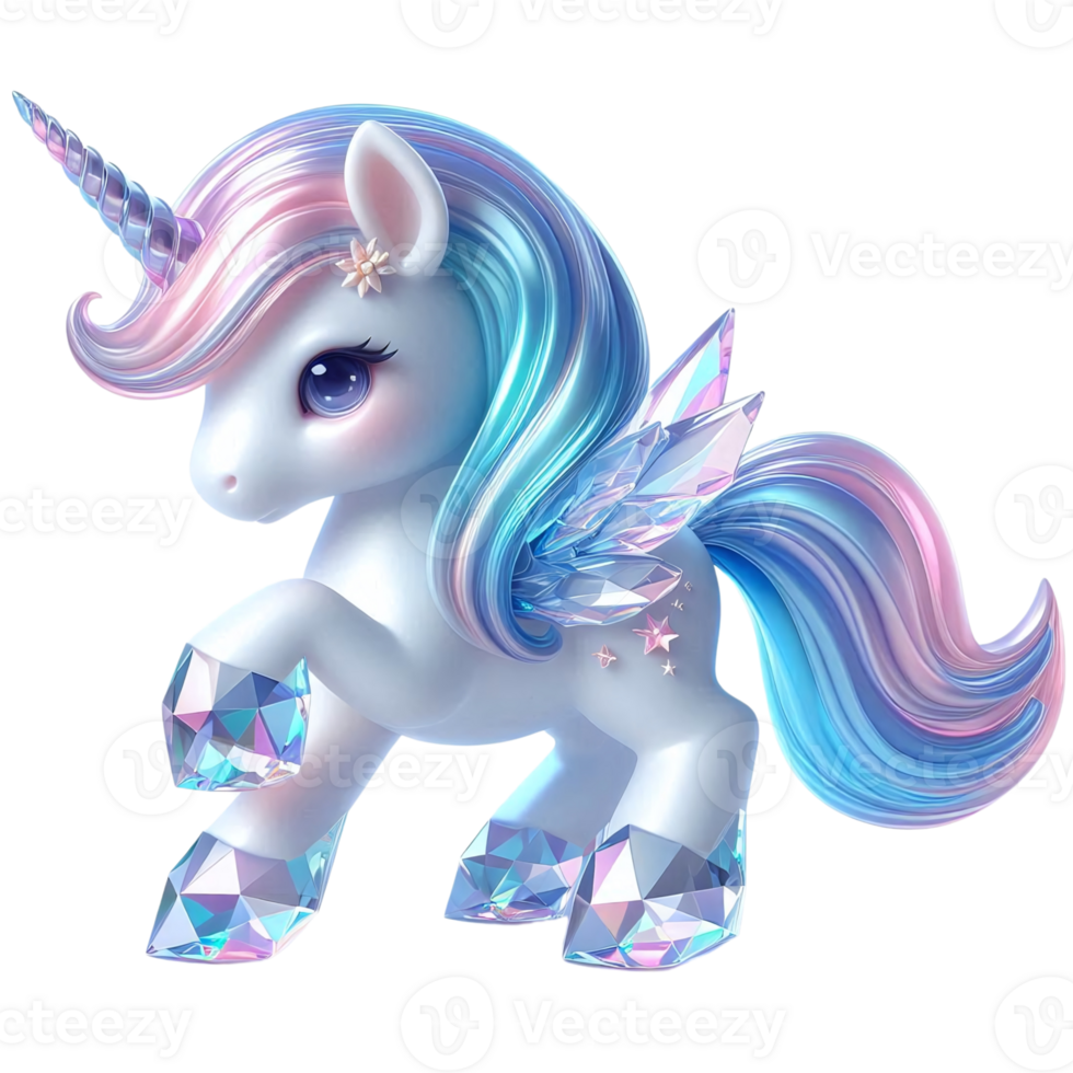 a cartoon unicorn with blue and pink hair png