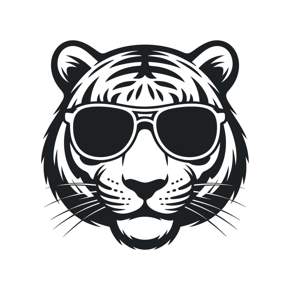 Cool Tiger Head Wearing Sunglasses Illustration Black and White vector