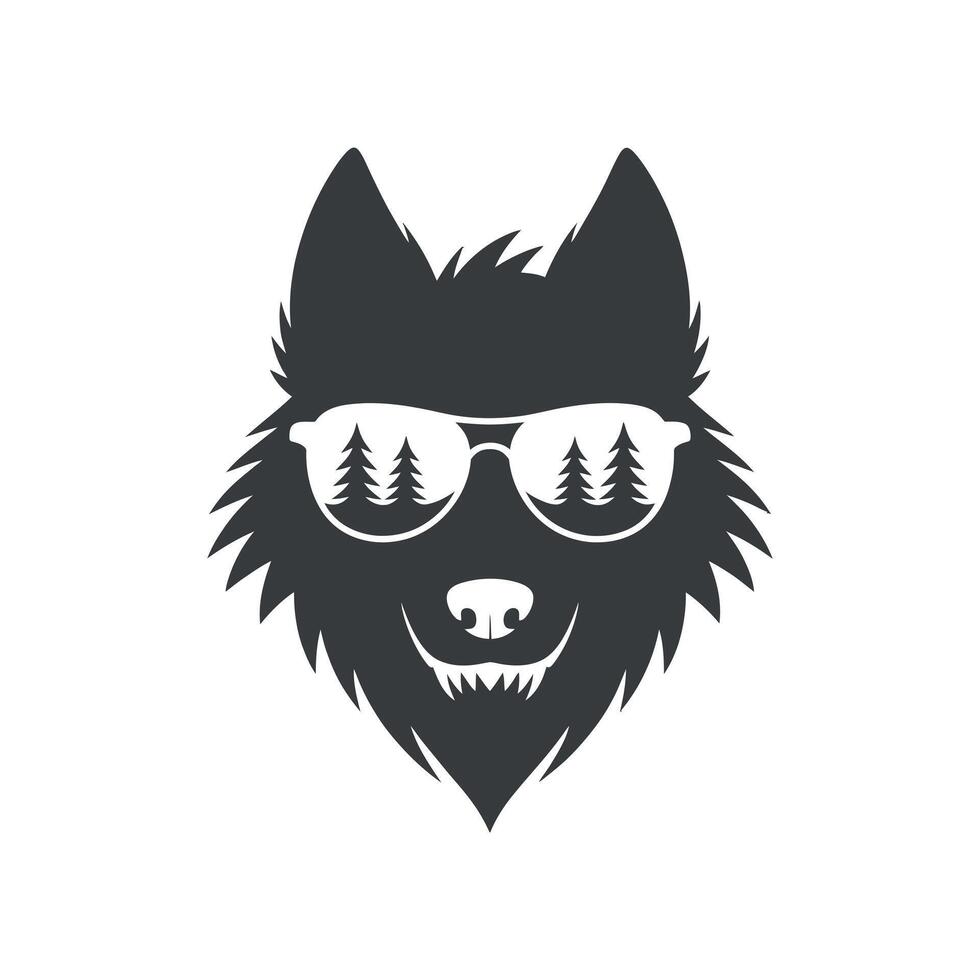 Cool Wolf Silhouette Wearing Sunglasses with Forest Reflection vector