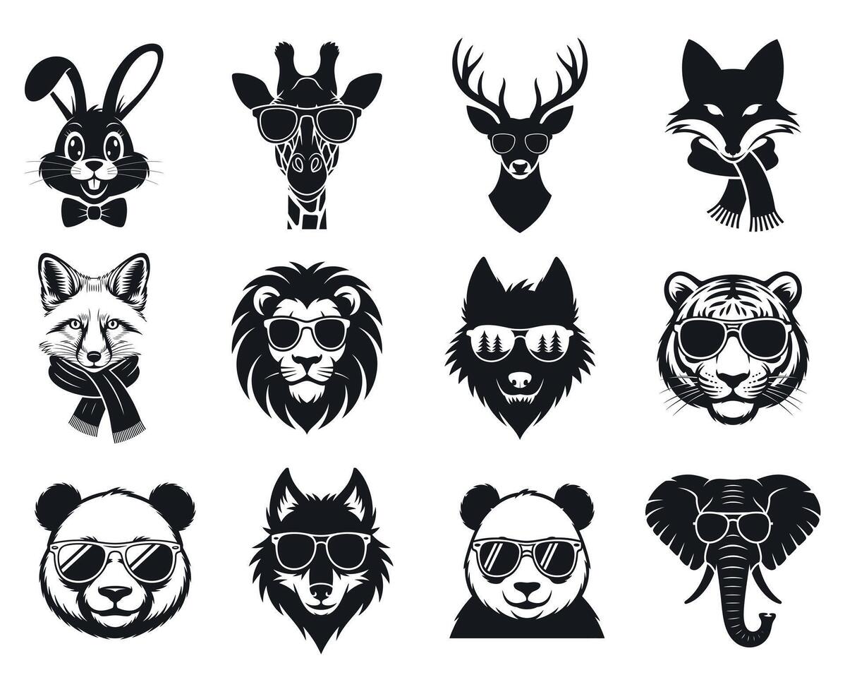 Twelve Cool Animal Heads Wearing Sunglasses Illustration Set vector