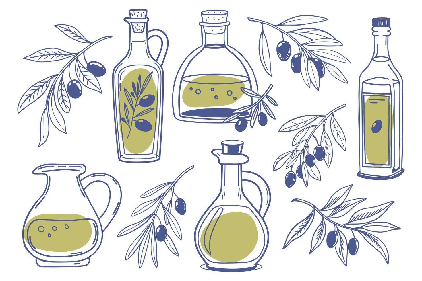 Set of olive oil bottles and olive branches. Collection of of olive oil, leaves, branches, natural products. Hand drawn sketch illustration. vector