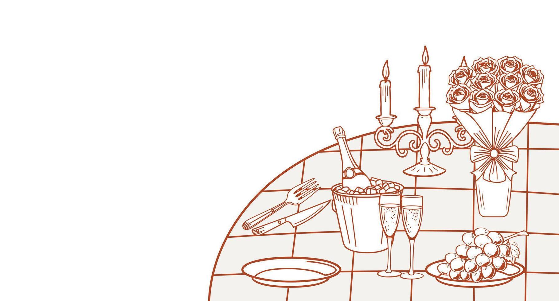 Romantic dinner poster. Banner with champagne, candles and roses on table for birthday or wedding invitations. Hand drawn sketch illustration. vector
