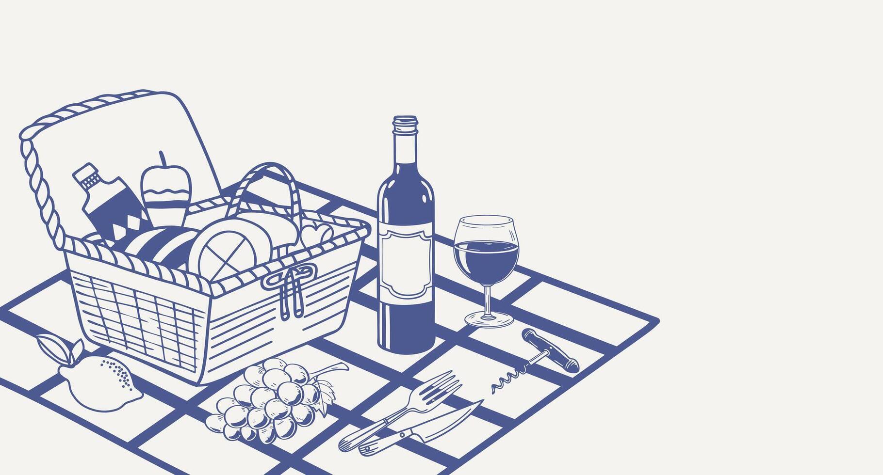 Picnic scene with food, wine and basket. Dolce vita lifestyle illustration for cafe, restaurants menu. Hand drawn sketch illustration vector