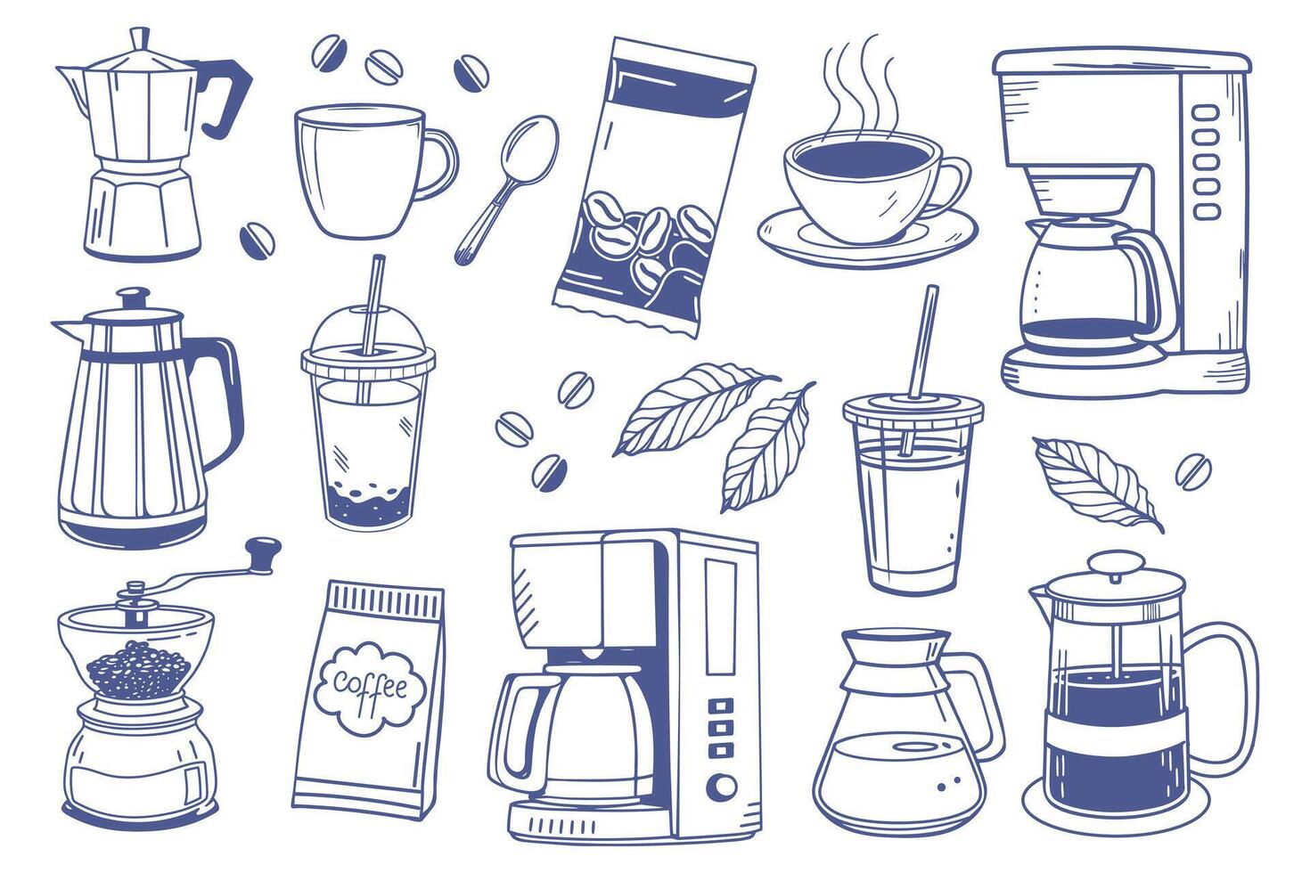 Coffee set with cups, coffee makers, grinders and beans. Coffee theme with different elements. Aesthetic hand drawn sketch illustration vector