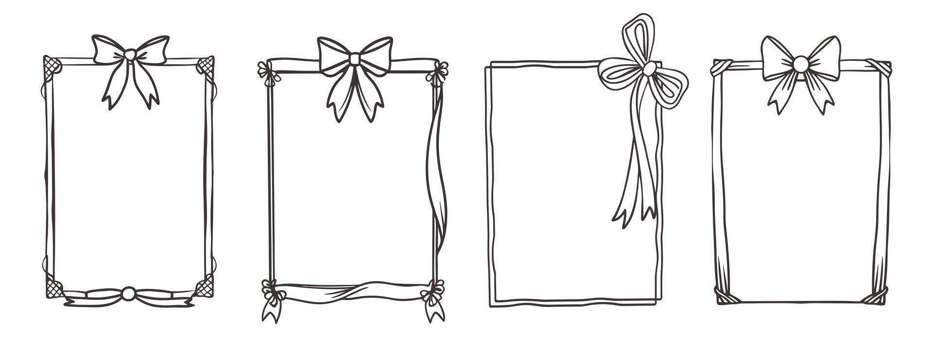 Elegant collection of frames with ribbon bows. Frame set. Template for invitations, posters, banners. Hand drawn sketch illustration. vector
