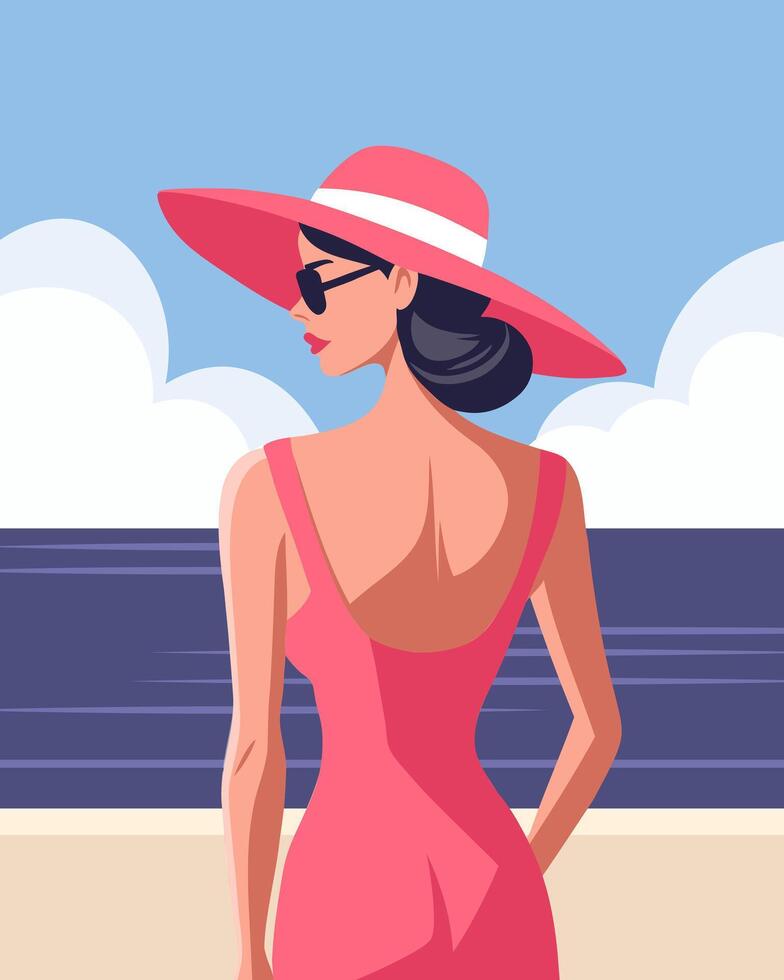 Elegant woman in dress and hat on the beach. Summer time, vacation concept. vector