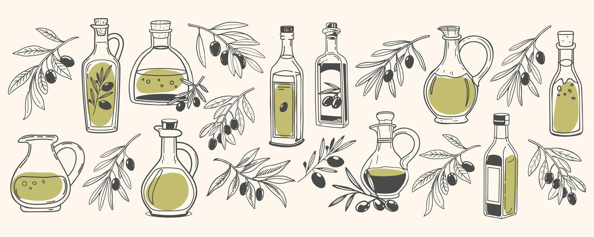 Big set of olive oil bottles and olive branches. Collection of illustrations of olive oil, leaves, branches, natural products. Hand drawn sketch illustration. vector