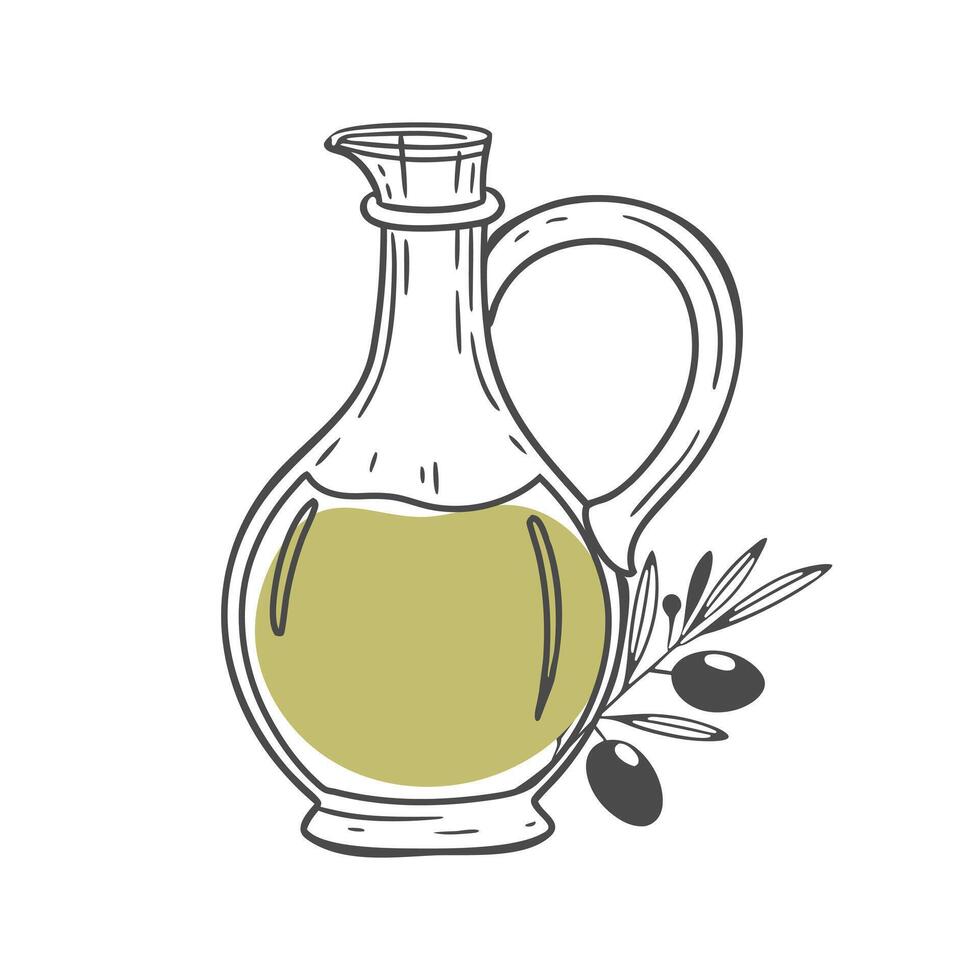 Glass Pitcher of olive oil and olive branch. Natural products. Hand drawn sketch illustration with color. vector