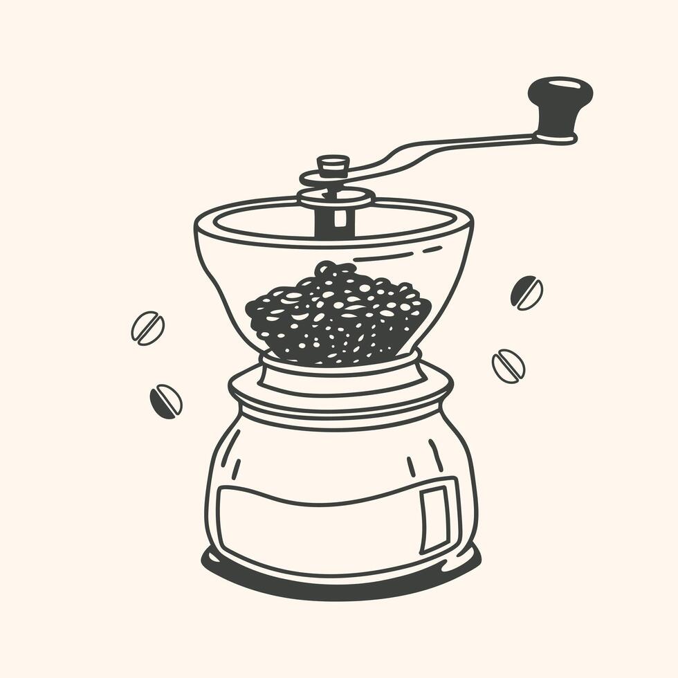 Vintage coffee grinder with coffee beans. Hand drawn sketch illustration. vector